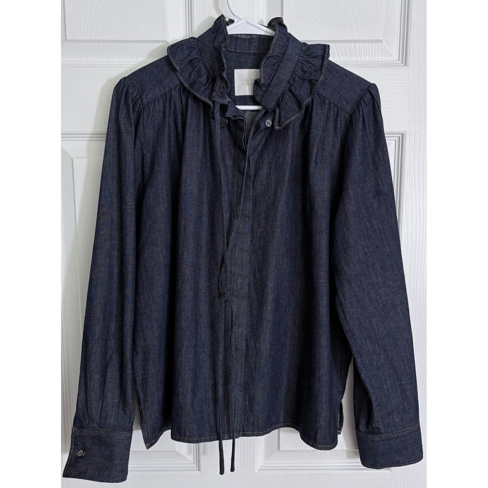 Citizens of Humanity Calista Denim Frill Collar Shirt S Rave Dark Wash Indigo